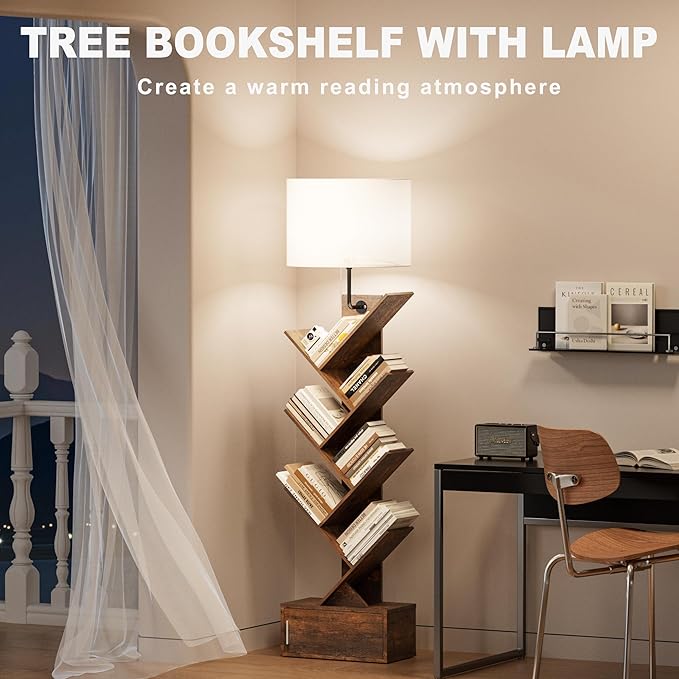 Tree Bookshelf with Light, 6 Tier Narrow Bookcase with Storage Cabinet, Tall Corner Book Shelf for Small Spaces, Vertical Floor Standing Organizer for Bedroom Living Room Home Office, Rustic Brown
