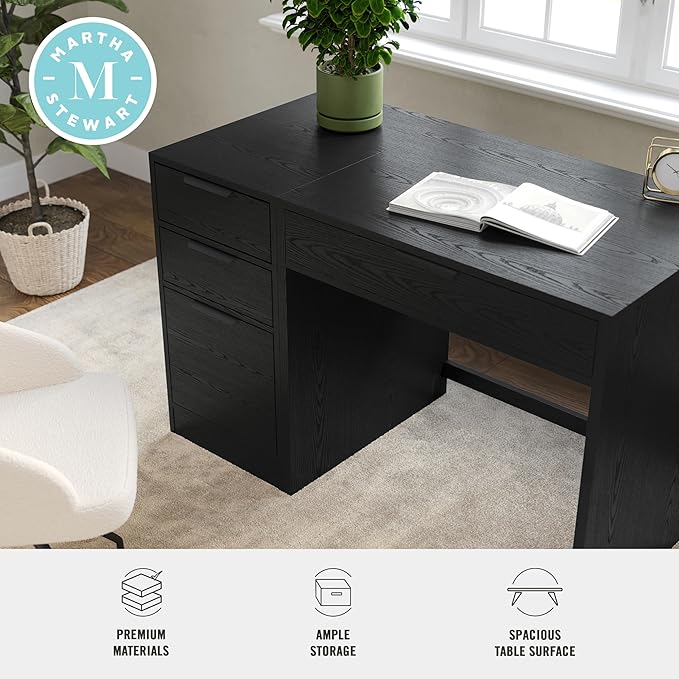 Martha Stewart Kayden Home Office Modular Desk with Drawer and 3 Drawer File Cabinet in Black with Oil Rubbed Bronze Hardware