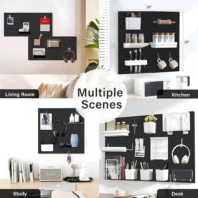 4Pcs Peg Board, Black Pegboard Wall Organizer Panels Wall Mount, ABS Pegboard for Craft Room Garage Kitchen Workshop, ABS Peg Boards Easy Installation