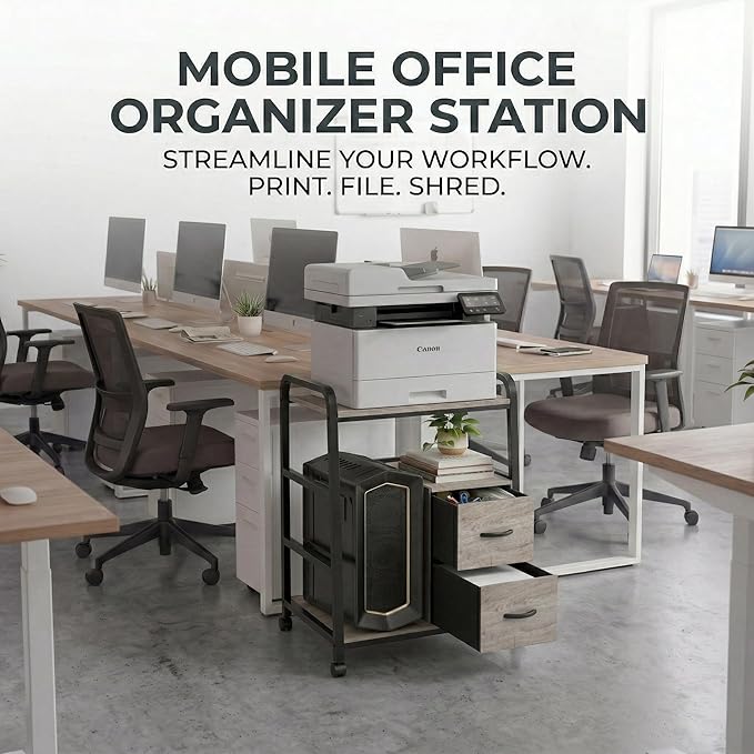 Printer Stand Featuring Fabric Drawers, Under Desk Host Computer Cabinet and Shredder Shelf, Heavy Duty Printer Stand with Storage Workstation Organization Printer Table for Home Office
