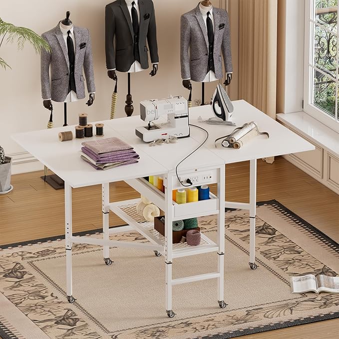 PAKASEPT Height Adjustable Sewing Cutting Table with Charging Station, Folding Craft Table with Storage,Movable Shelves for Large Fabric, Mobile Sewing Desk for Home Office Sewing/Craft Room,White
