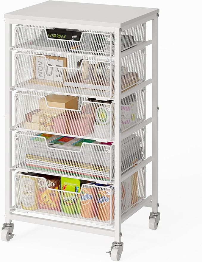 Sbanmao Utility Cart with 5 Drawers, Rolling Storage Cart with Wooden Tabletop and Lockable Wheels, Storage Drawer Cart with Drawers, Craft Cart for Bedroom, Classroom, Home, Office, White