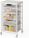 Sbanmao Utility Cart with 5 Drawers, Rolling Storage Cart with Wooden Tabletop and Lockable Wheels, Storage Drawer Cart with Drawers, Craft Cart for Bedroom, Classroom, Home, Office, White