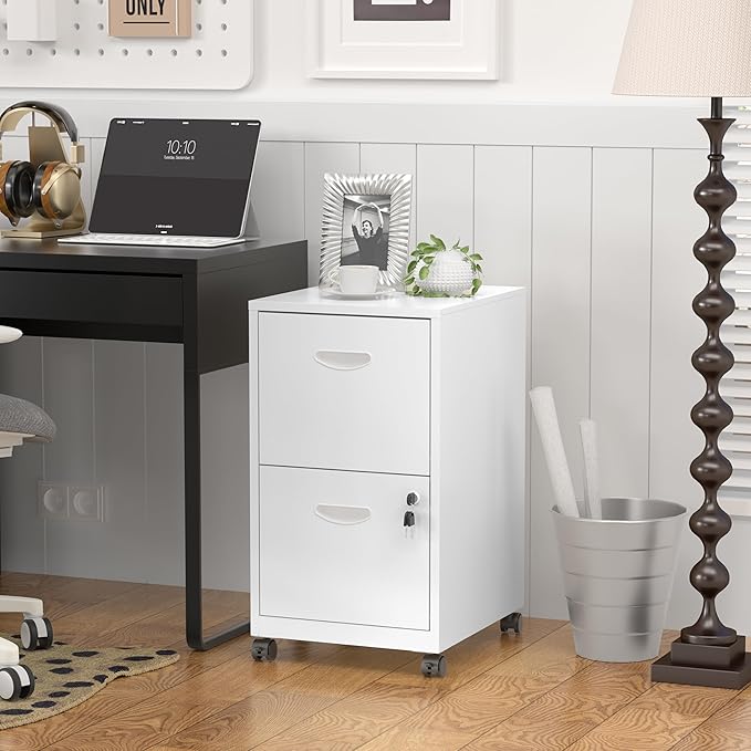 SteeLoong 2 Drawer File Cabinet with Lock，White Rolling File Cabinet for Home Office, Metal Small Mobile Filing Cabinets on Wheels for Hanging Letter