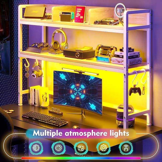 REIBII 45.2" Desk Shelf with LED Lights and Hooks,2-Tier Adjustable Multipurpose Solid Wood Desk Hutch Dorm,Desktop Organizer Rack with 3 Display Rack for Dorm,Office Home,White