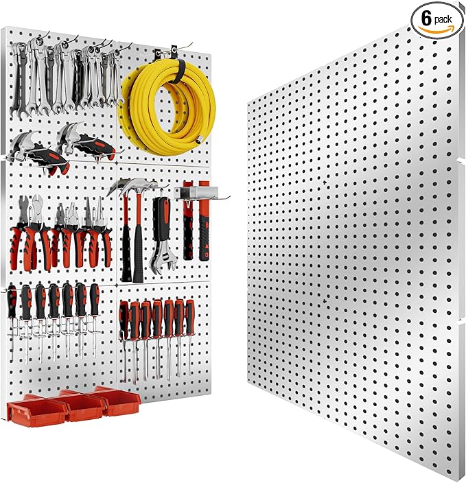 Peg Board, 6PCS Metal Pegboard, Heavy Duty Pegboard Wall Organizer with Frame. Silver Pegboard for Walls, Garage, Workbench, Craft Room Tool Organization, Metal Pegboard Panels 12in*12in