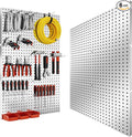 Peg Board, 6PCS Metal Pegboard, Heavy Duty Pegboard Wall Organizer with Frame. Silver Pegboard for Walls, Garage, Workbench, Craft Room Tool Organization, Metal Pegboard Panels 12in*12in