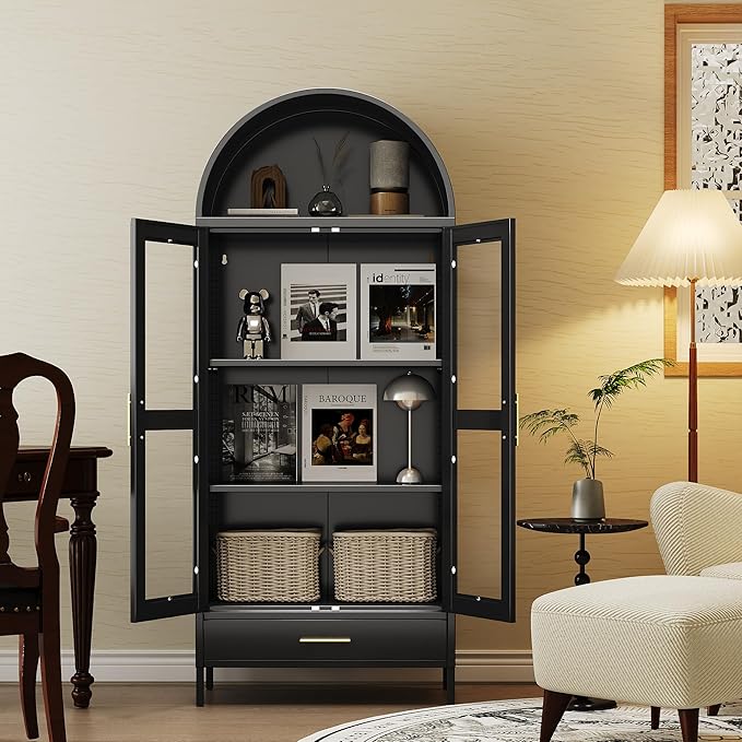 VEXPOR 73" Tall Arched Display Cabinet with Glass Doors, Metal Arched Curio Cabinet with Drawer for Living Room, Home Office, Assembly Required, Black