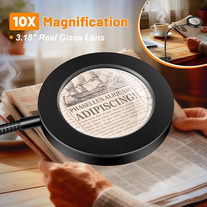 Akynite 10X Magnifying Glass with Light, 2 in 1 Magnifying Desk Lamp Clip on Mganifier with Light, 3 Color Modes 10 Brightness Levels, 58 LED Clip on Reading Lamp for Bed Crafts DIY Repair,No Adapter