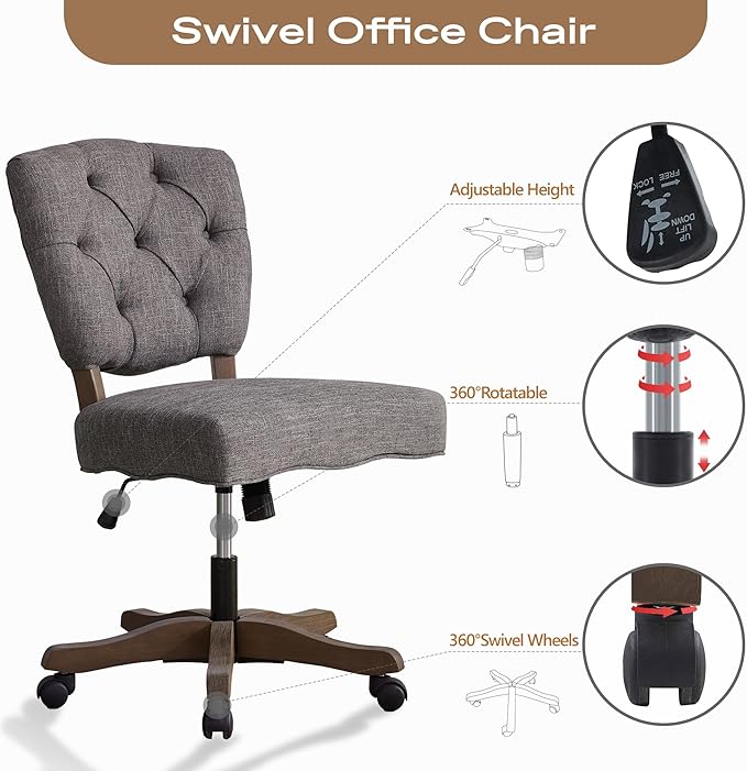 HUIMO Upholstered Swivel Desk Chair Chenille Tufted Fabric Home Office Chair with Wheels Adjustable Height Classic Task Chair with Wooden Legs Comfortable Armless Chair for Studio Study (Grey)