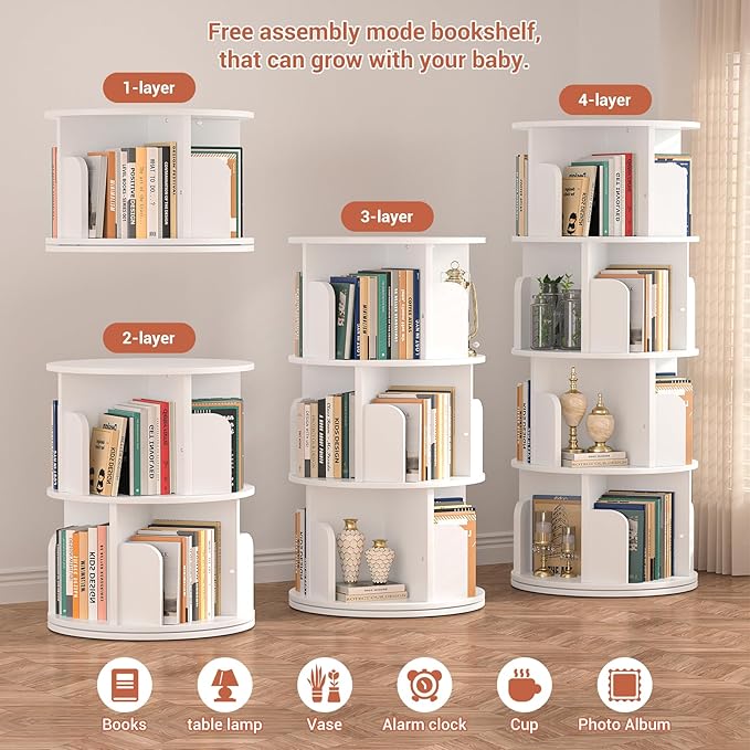 Besiost Rotating Bookshelf, Wood Corner Bookshelf, 360 Display Spinning Bookcase Storage Rack, 4 Tier Floor Standing Revolving Bookcase Narrow Book Shelf Organizer for Small Space, Bedroom, White