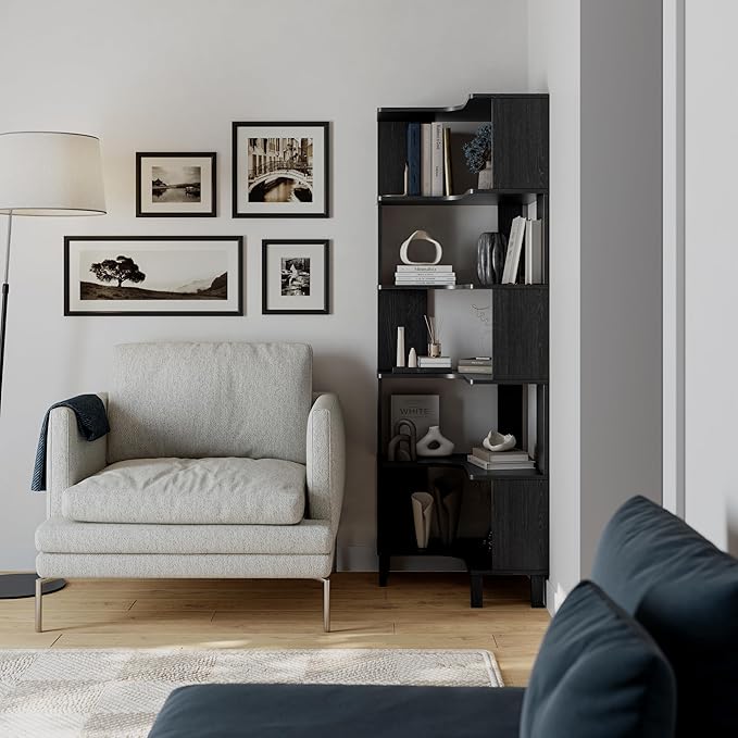 Prepac Nordik 6-Tier Black Modern Mid Century Corner Bookcase, 71.5" Extra Tall Black Corner Shelf with Storage, Multifunctional Freestanding Bookshelf for Home Office, Living Room, Dining Room