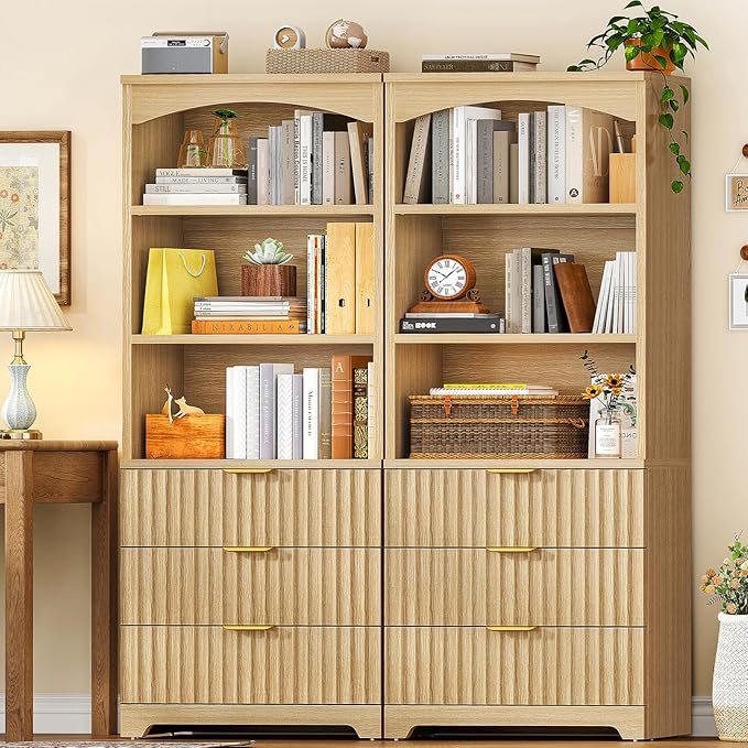 TEENFON 63.3" Tall Bookshelf, Bookshelves and Bookcases with Drawers, Arched Design Bookcase with Storage Cabinet, Natural Wood Grain Wave Pattern Storage Shelves for Living Room, Bedroom,Office