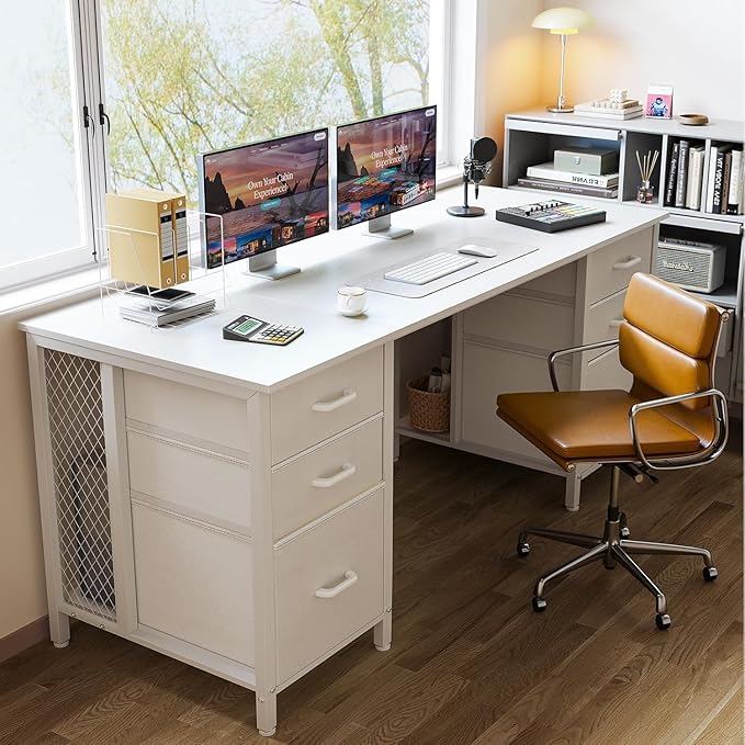 Casaottima 63 Inches Computer Desk with 6 Fabric Drawers, Modern Office Desk with Large Storage for Home Office, Study, White