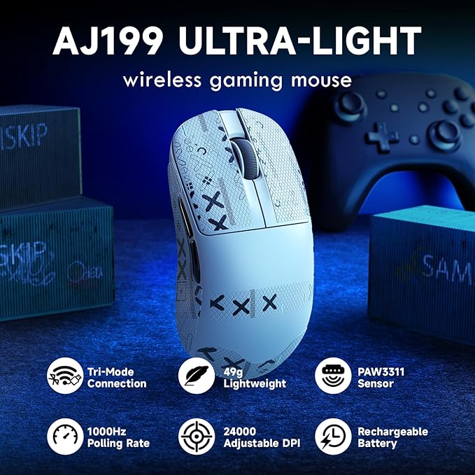 ZIYOU LANG×Magic-Refiner AJ199 Lightweight Wireless Gaming Mouse,Tri-Mode(2.4G/Wired/BT),24K DPI,PAW3311 Optical Sensor,1000Hz Polling Rate,600mAh,49g Ergonomic Mice for Mid-Large Hands-White&Sticker