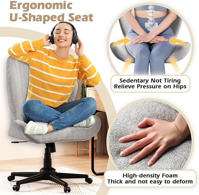 ZZW Criss Cross Chair with Wheels, Wide Cross Legged Office Chair Armless Comfy Desk Chair with Tall Back Vanity Chairs with Stress Relief Curved Design Seat for Bedroom & Office & Home Grey