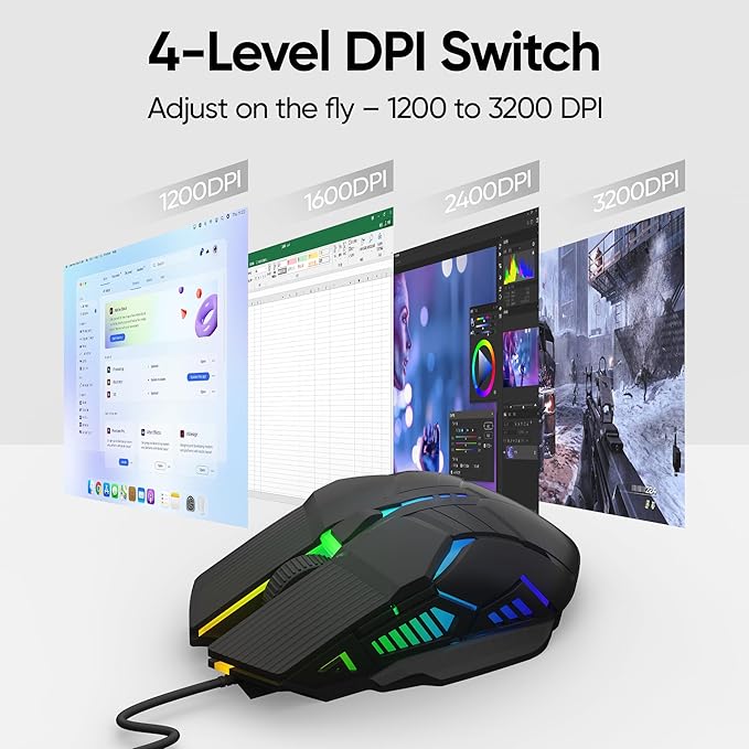 MELOGAGA Wired Gaming Mouse - Lightweight USB Optical Computer Mice with 7-Color RGB LED Lights, 4 Adjustable DPI (1200-3200), 6 Buttons, Ergonomic Design for Windows (S800-Black)