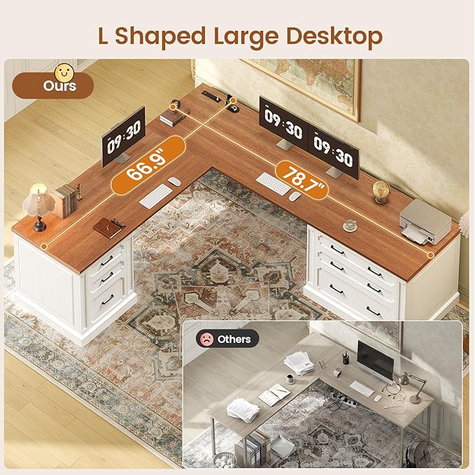 SEDETA Farmhouse 78.7" Executive L Shaped Desk with 6 Drawers, Home Office Desk with Power Outlet, File Cabinet Storage, Wood Corner Computer Desk for Work and Study, White