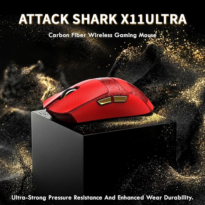 ATTACK SHARK X11 Ultra Carbon Fiber Wireless Esports Gaming Mouse,8k Polling,PAW3950MAX Sensor,63g Ultra-Ligh Ergonomic Gaming Mice,2.4Ghz/BT/Wired,with RGB Coiled Cable -Metallic Red&Griptape