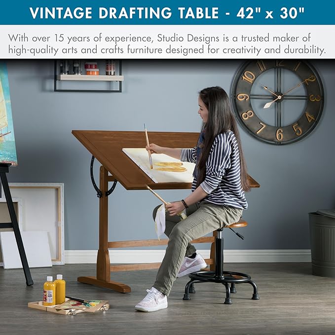 Studio Designs Vintage Drafting Table - Antique Design Solid Wood Drafting Table with Built-In Pencil Groove and Pencil Ledge - Angle Adjustable Work Surface
