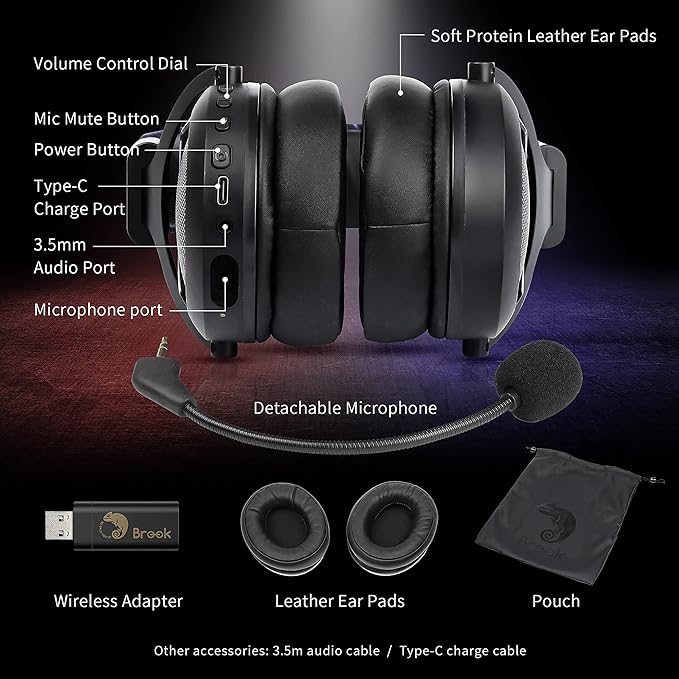 Brook 2.4GHz Wireless Headset - Cross-Platform Wireless Gaming Headset for PS5, PS4, PC, Mac, Android, and NS, Low Latency (with Extra Earpads)