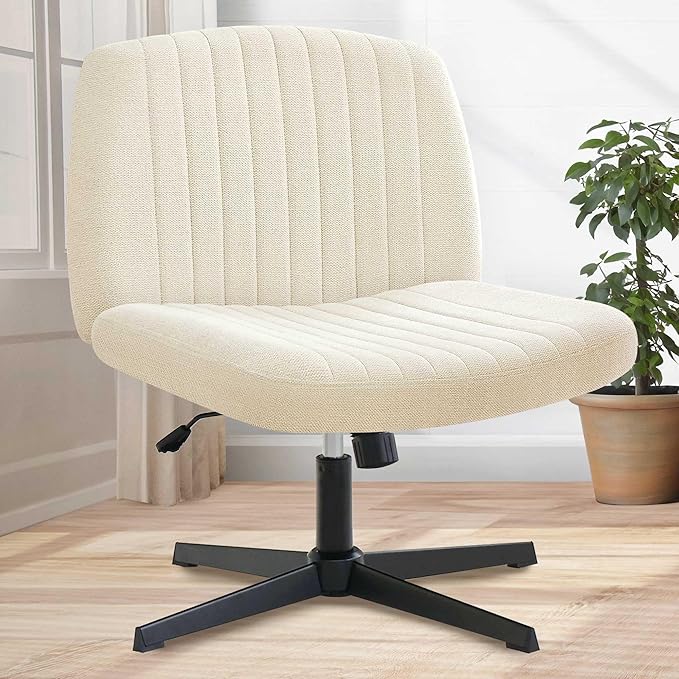 Orange Factory Criss Cross Chair No Wheel Wide Cross Legged Office Desk Vanity Chair Comfy Fabric Armless Adjustable Swivel for Home Computer Task (Beige No Wheel, Classic Fabric)