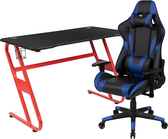 BizChair Red Gaming Desk and Blue Reclining Gaming Chair Set with Cup Holder and Headphone Hook