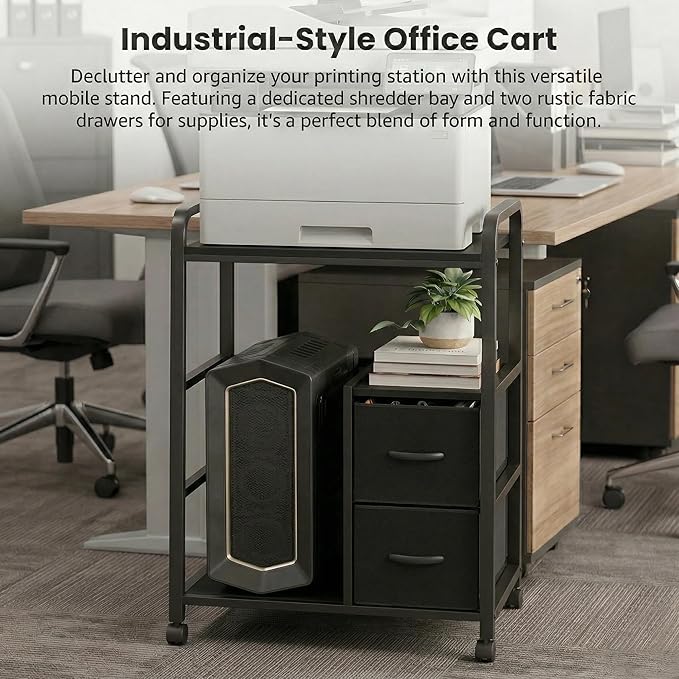 Printer Stand Featuring Fabric Drawers, Under Desk Host Computer Cabinet and Shredder Shelf, Heavy Duty Printer Stand with Storage Workstation Organization Printer Table for Home Office