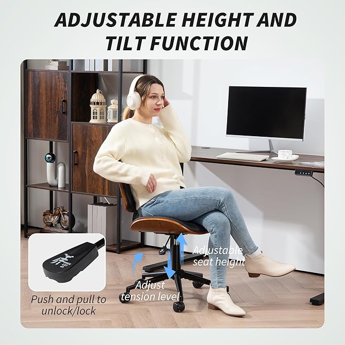 HOMCOM Home Office Chair No Arms with Wheels, PU Leather Mid Back Small Desk Chair with Adjustable Height, 360 Degree Swivel for Office, Reading, Meeting Room, Black