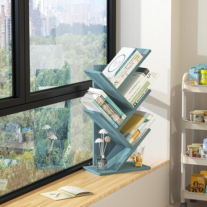 SHEEPAM 5 Tier Tree Book Shelf, Small Desktop Bookshelf with Storage Organizer, Wood Bookcase, Desk Display Bookshelves, Floor Standing Organizer Bookcases for Living Room,Bedroom,Office-Blue