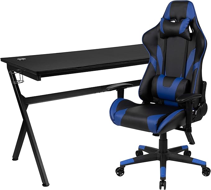Flash Furniture Gaming Desk and Blue/Black Reclining Gaming Chair Set /Cup Holder/Headphone Hook/Removable Mouse Pad Top - Wire Management