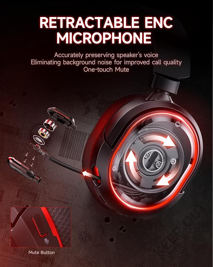 Picun G2 Wireless Gaming Headset, Over-Ear 7.1 Virtual Surround Sound, 2.4GHz/Bluetooth 5.4/Wired, 5ms Ultra-Low Latency, 100H Battery, ENC Noise-Canceling Mic, RGB, for PC PS5 PS4 Switch (BlackRed)