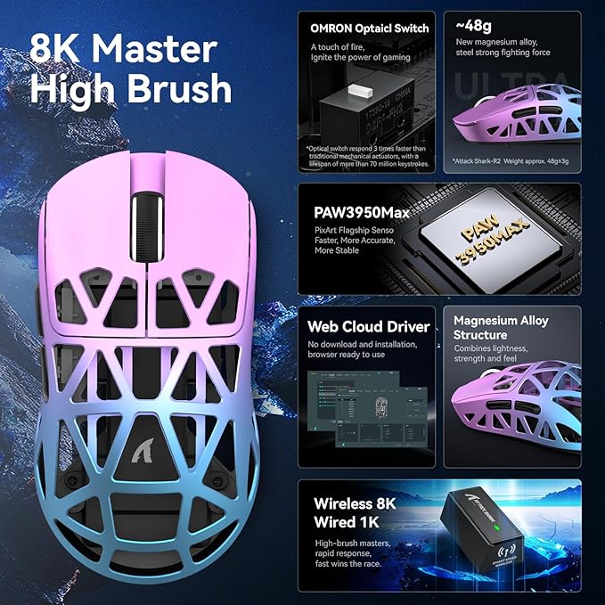 ZIYOU LANG x Attack Shark R2 Wireless Gaming Mouse, Superlight Magnesium Alloy, PAW3950 42000 DPI Optical Sensor, 8000Hz Polling Rate, 2.4G/BT/Wired Programmable Mice for Win Mac Gamer (Purple Blue)