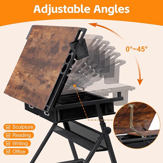 HomGarden Height Adjustable Drafting Desk Drawing Table Art Craft Work Station w/Stool, Power Outlet and Storage Drawers for Home Office Study Room, Rustic Brown