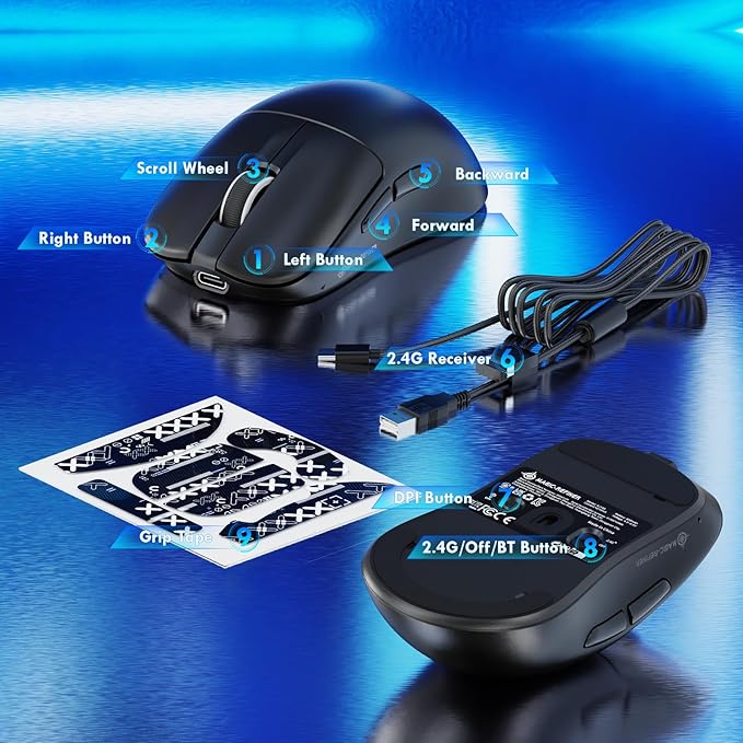 ZIYOU LANG×Magic-Refiner AJ199 Lightweight Wireless Gaming Mouse,Tri-Mode(2.4G/Wired/BT),24K DPI,PAW3311 Optical Sensor,1000Hz Polling Rate,600mAh,49g Ergonomic Mice for Mid-Large Hands-Black&Sticker