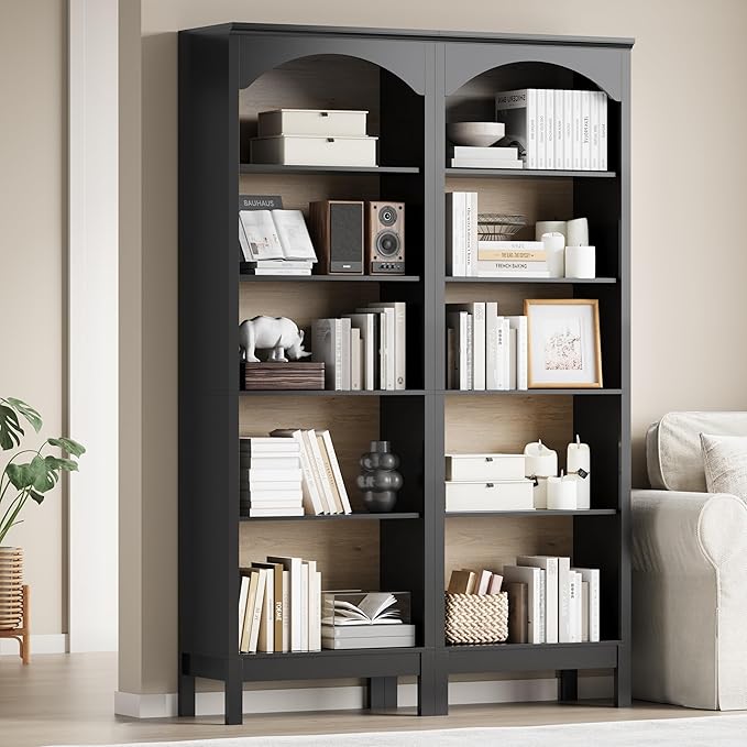 Arched Set of 2 Bookshelf with 5 Tier Open Shelves, 71" Tall Wood Bookcase with Adjustable Shelves, 24" Wide Floor Standing Display Storage Shelf for Home Office, Kitchen, Living Room, Modern Black
