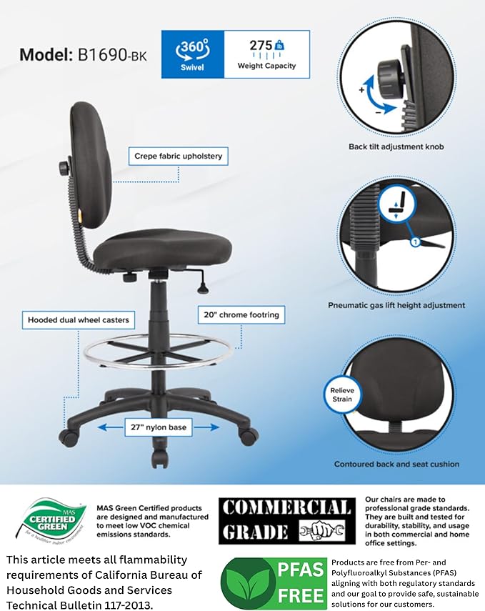 Boss Office Products Stand Up Fabric Drafting Stool Without Arms in Black (B1690-BK)