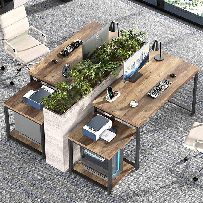 FOLUBAN 63 Inch Large Computer Desk with Printer Space & PC Tower Stand, Modern Wood Home Office Desk Workstation with Storage Shelves, Writing Study Gaming Table, Rustic Oak