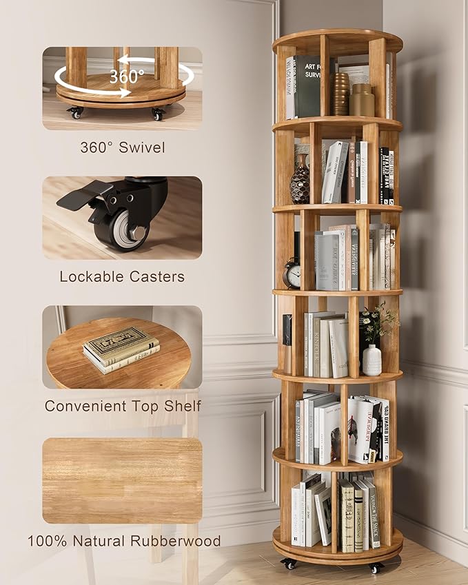 IUNVR Rotating Bookshelf, 6 Tier Solid Wood Bookshelf Tower with Lockable Wheels, 360° Spinning Revolving Bookcase for Small Spaces, Corners, Bedroom, Kids Room, Home Office, Natural