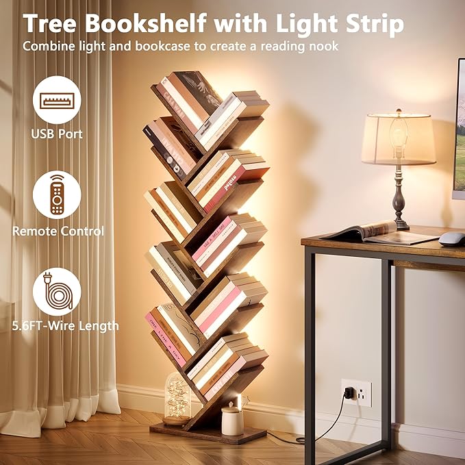 Hoctieon 10 Tier Tree Bookshelf, Tall Bookcase, Freestanding Book Shelf with LED Lights, Display Floor Standing Storage Shelf, Book Organizer Shelves for Home Office, Living Room, Rustic Brown