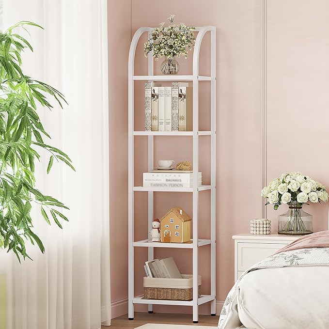 Hzuaneri Bookcase Bookshelf, Tempered Glass Arched Bookshelf for More Storage, Slim Shelving Unit for Bedroom, Bathroom, Home Office, Steel Frame, 5 Tier White BC20599W