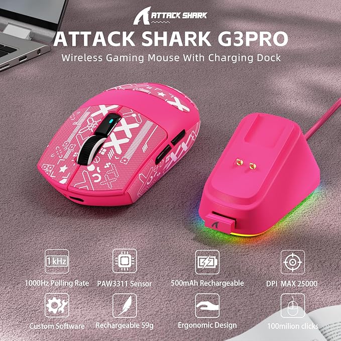ATTACK SHARK G3PRO Wireless Gaming Mouse with RGB Charging Dock,2.4G/USB-C Wired/BT PAW3311 Optical Sensor 1K Polling Rate Adjustable 25K DPI,500mAh Battery Ultra Lightweight 59g Mice (Red&Griptape)