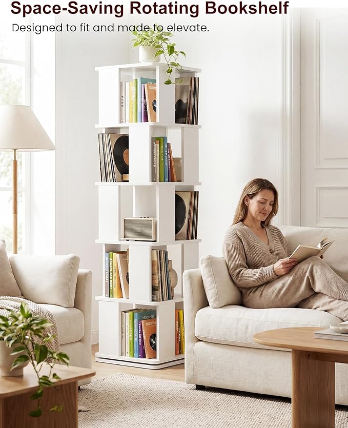 Foxemart 5-Tier Rotating Bookshelf Tower, 360° Spinning Modern Book Storage Bookcase, Stable Display Corner Book Shelf for Kids Room, Living Room, Bedroom, Home Office, White