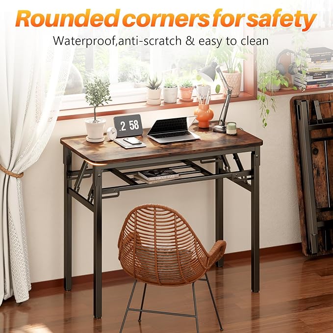 BYMECOST 39 inches Folding Computer Desk, No Assembly Long Foldable Office Table, Portable Large Foldable Home Office Desk, No Install Activity Table Conference Table (Brown, 39.4")