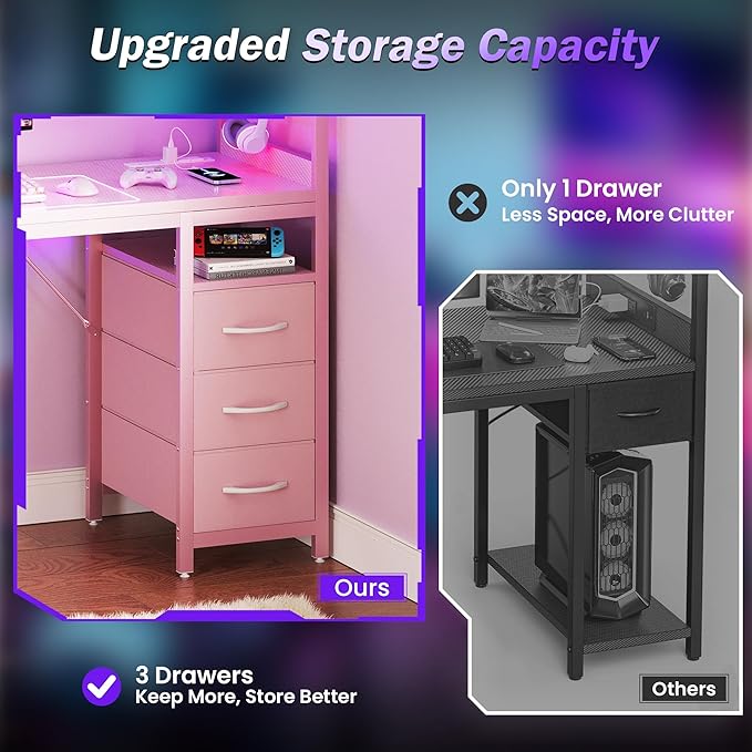 YOUDENOVA 48 Inch Gaming Computer Desk with Led Lights, Small Desk with Storage Shelves and Drawers, Reversible Compact Gamer Table for Home Office, Carbon Fiber Pink