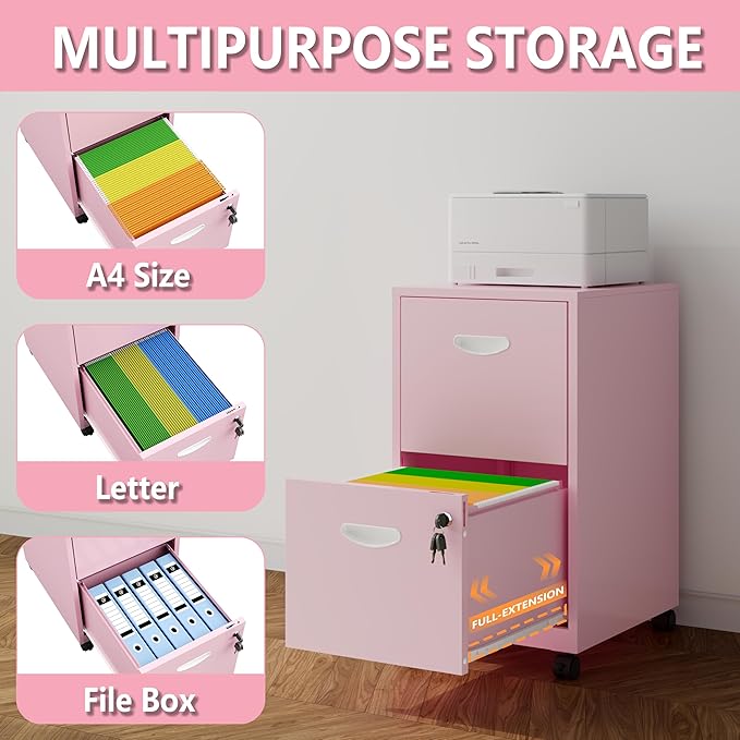 Polup 2 Drawer Rolling File Cabinet on Wheels, Mobile Two Drawer Filing Cabinet with Lock, Small Files Cabinets for Under Desk, Metal Filing Cabinets for Letter Size Folders, Pink - Assembly Required