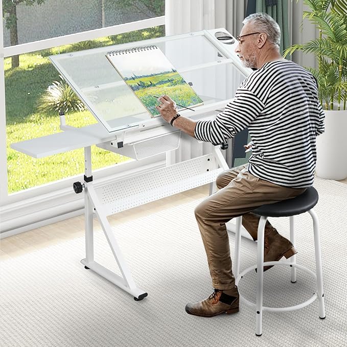 White Drafting Table Desk w/Stool, Painting Table Art Craft Desk Crafting Table with Tilting Tempered Glass Top, 2 Storage Drawers, Height Adjustable