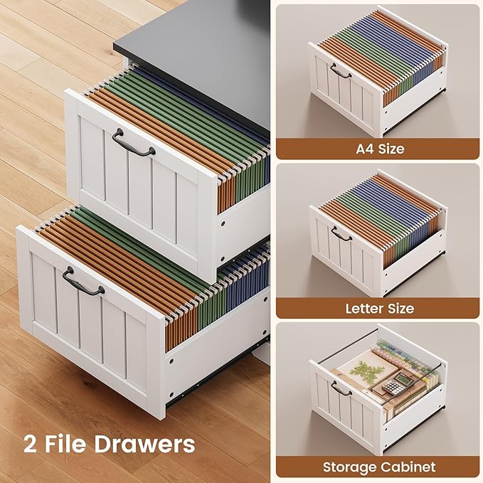 SEDETA 63" L Shaped Desk with Drawers, Farmhouse Office Desk with File Drawers, Wood Corner Computer Desk with Storage, Home Office Desk with Monitor Stand and Storage Cabinet, Black and White