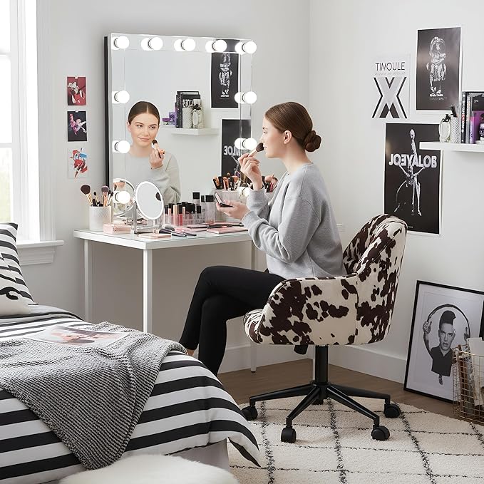Modern Swivel Home Office Desk Chair with Wheels, Cow Print Velvet Height Adjustable Comfortable Ergonomic Upholstered Vanity Make up Chair, Cute Cowhide Computer Armchair for Living Room Home