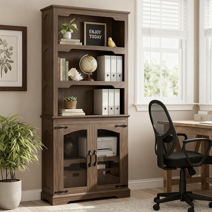70 Inches Farmhouse Bookcase Bookshelf, Two-Tone Shelves, 5 Tier Bookshelf with Glass Door Storage Arched Trim, Home Office Living Room Storage Cabinet Unit, 31.5x11.8 Inches (Walnut, Glass Doors)